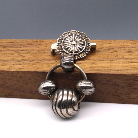 Silver Tone Dangle Brooch has a Tribal Flair with Repousse and Embossed Beads - Picture 1 of 4